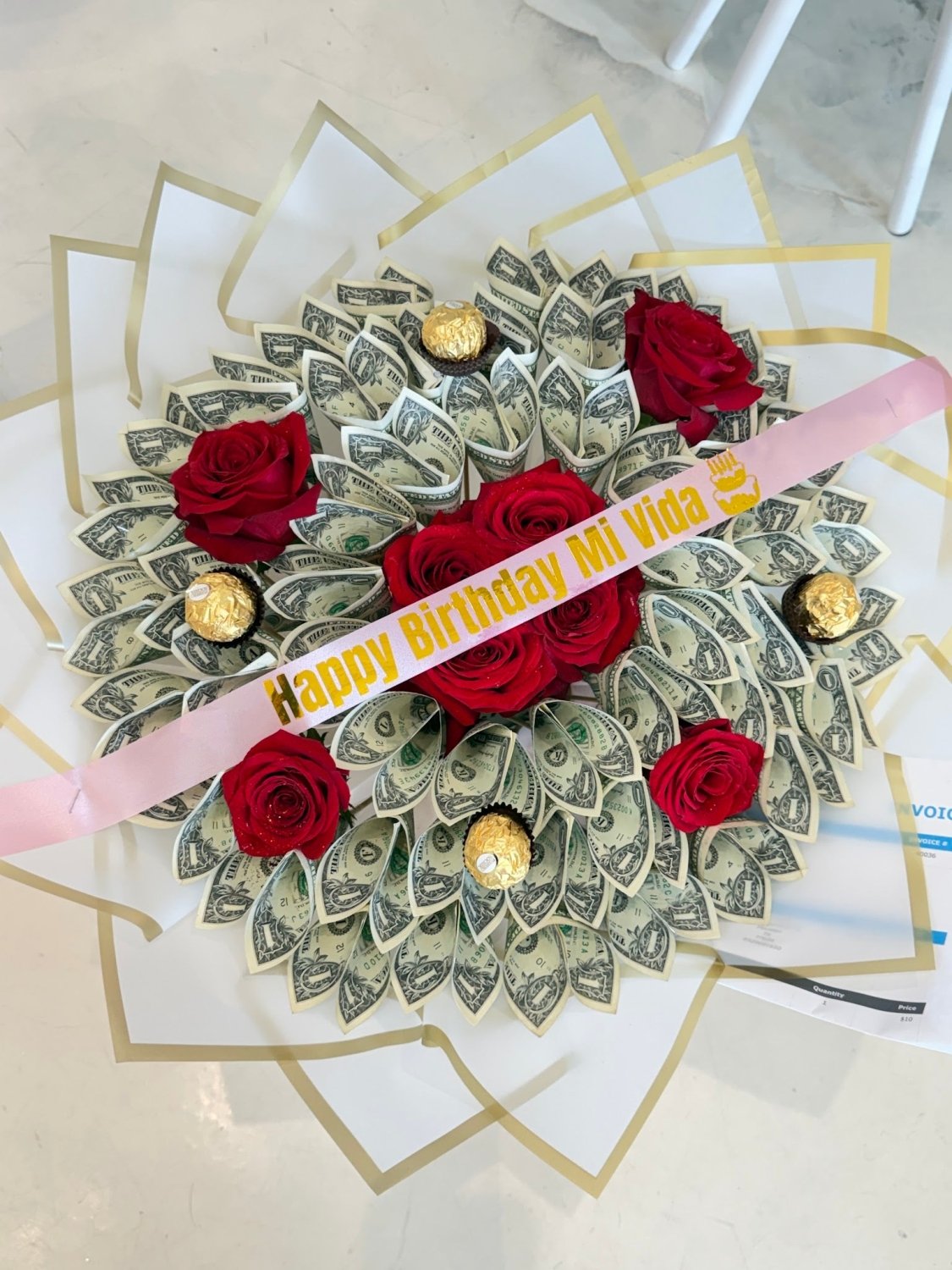 Birthday Red Rose Chocolate & Money Bouquet - 98 FLOWERS