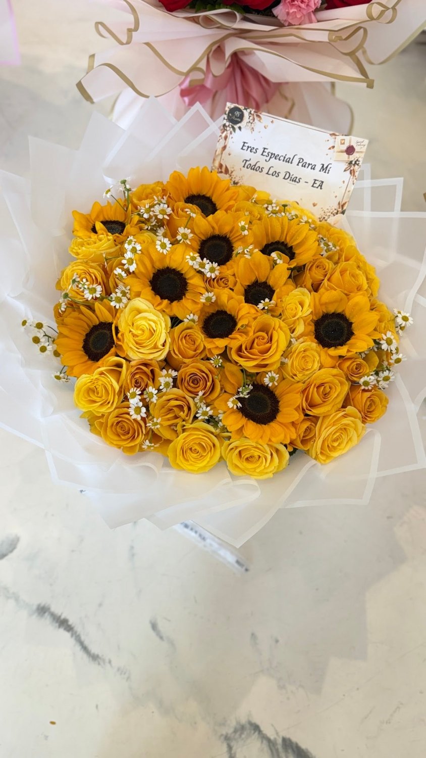 Golden Sunflower Bouquet with Blush Wrapping - 98 FLOWERS
