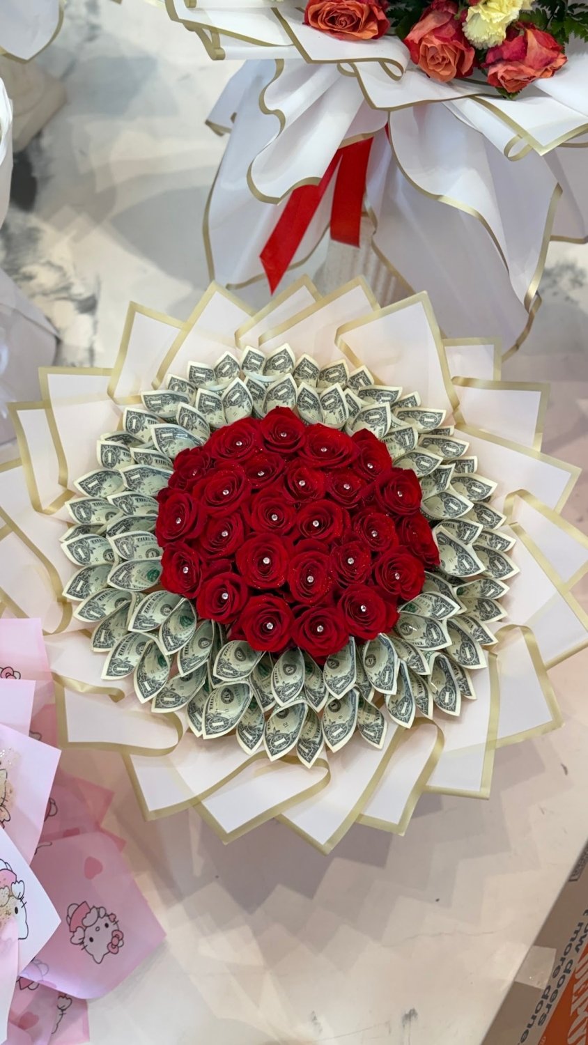 Luxury Red Rose Money Bouquet in White & Gold Wrapping - 98 FLOWERS