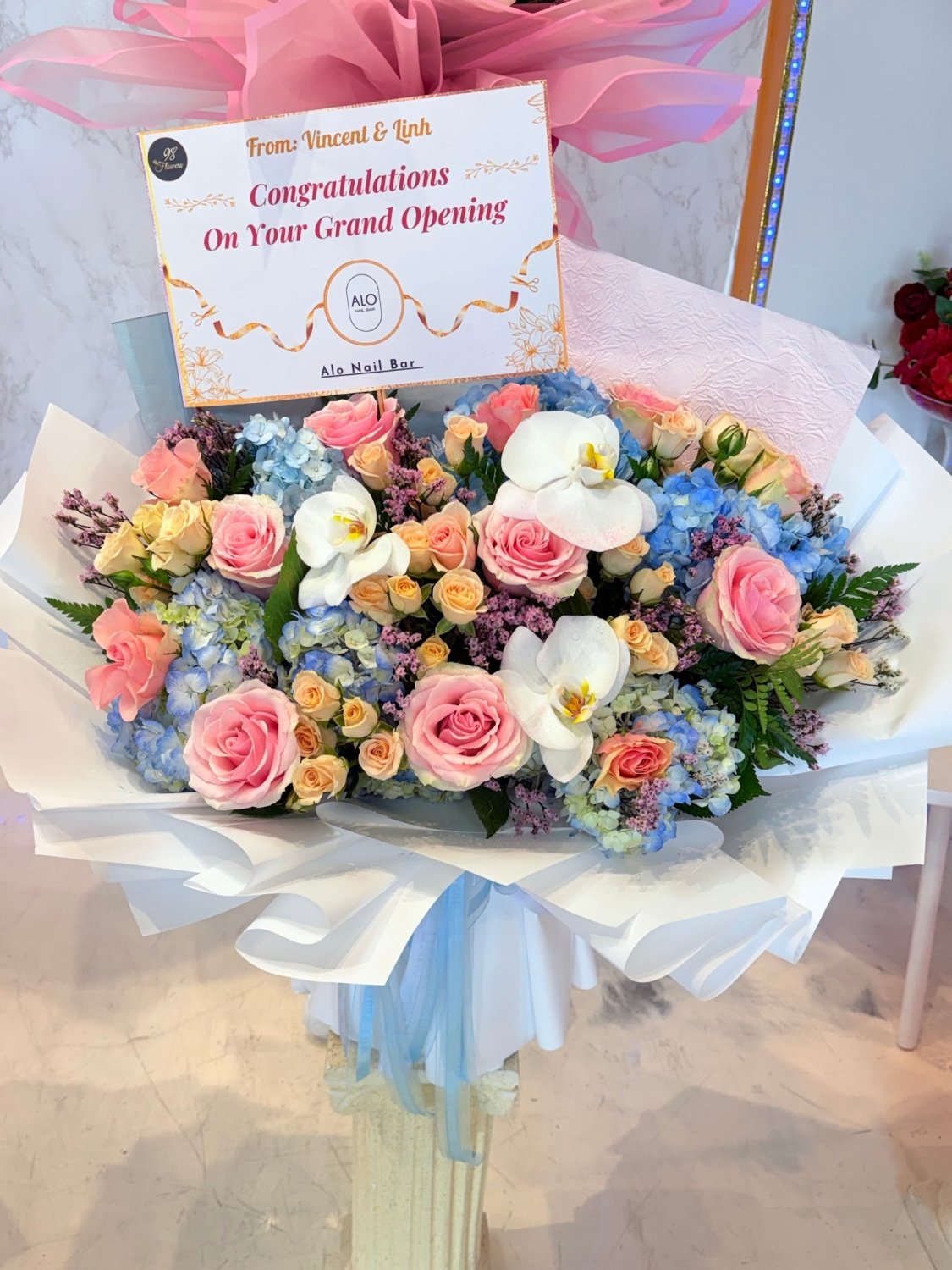 Pastel Blue Hydrangea Rose & Orchid Grand Opening Flowers - 98 FLOWERS
