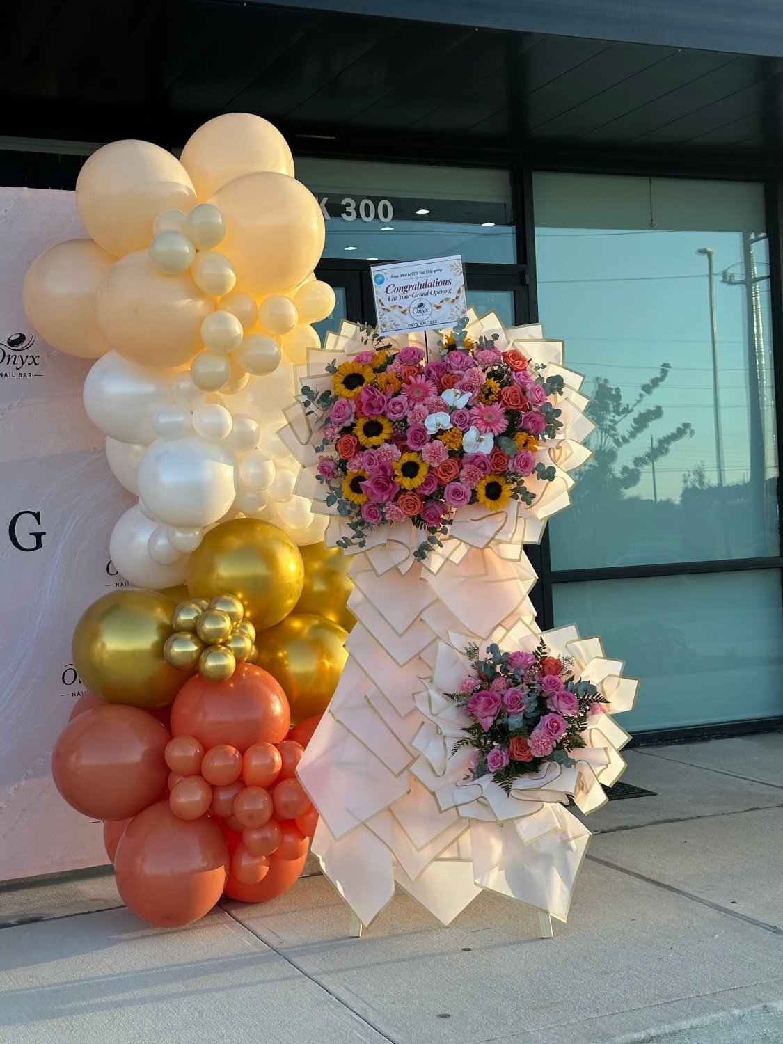 Peach Pink & Orange Rose Two Tier Grand Opening Stand - 98 FLOWERS