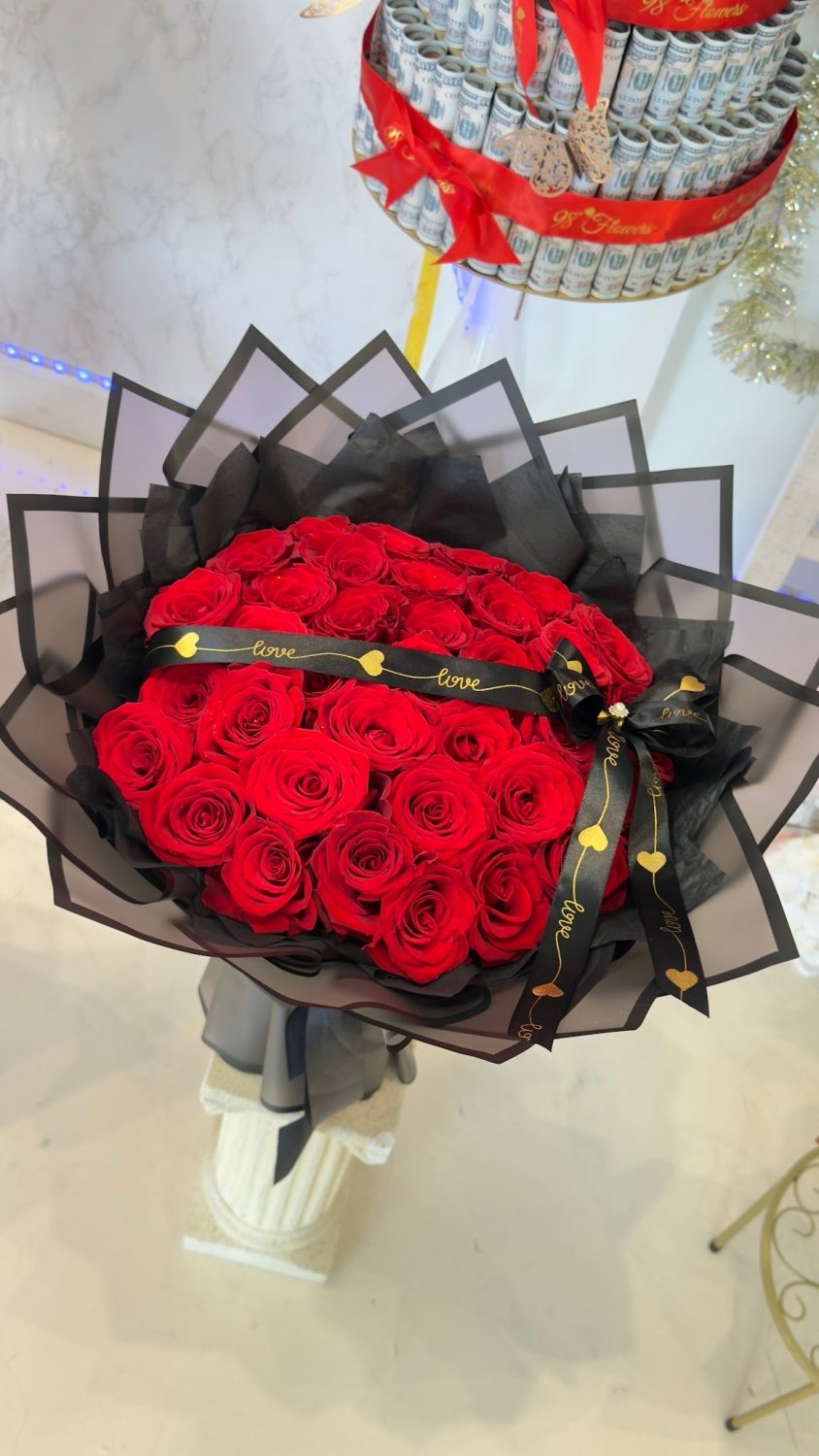 Personalized Red Rose Bouquet in Black Wrapping - 98 FLOWERS