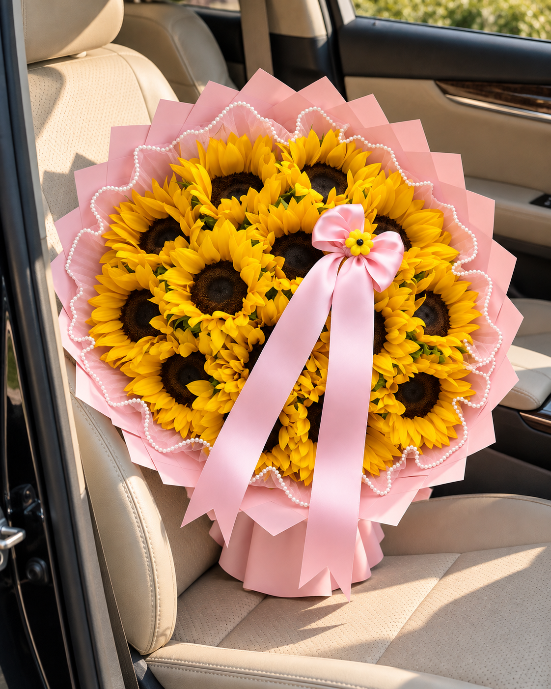Pink Ribbon Sunshine – Sunflower Bouquet — AI lifestyle image of a gift surprise