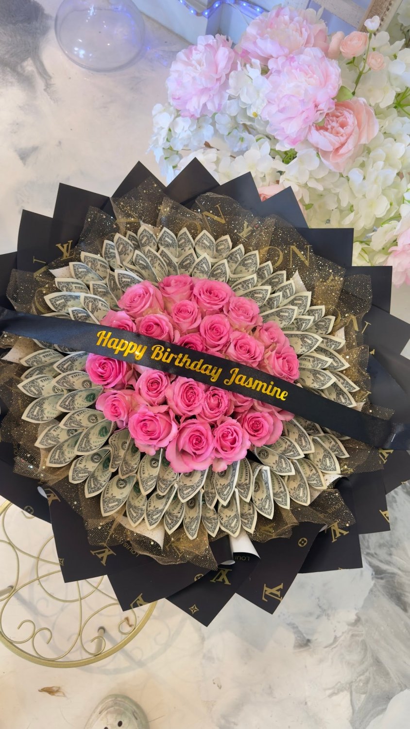 Pink Rose Money Bouquet with Black Ribbon - 98 FLOWERS