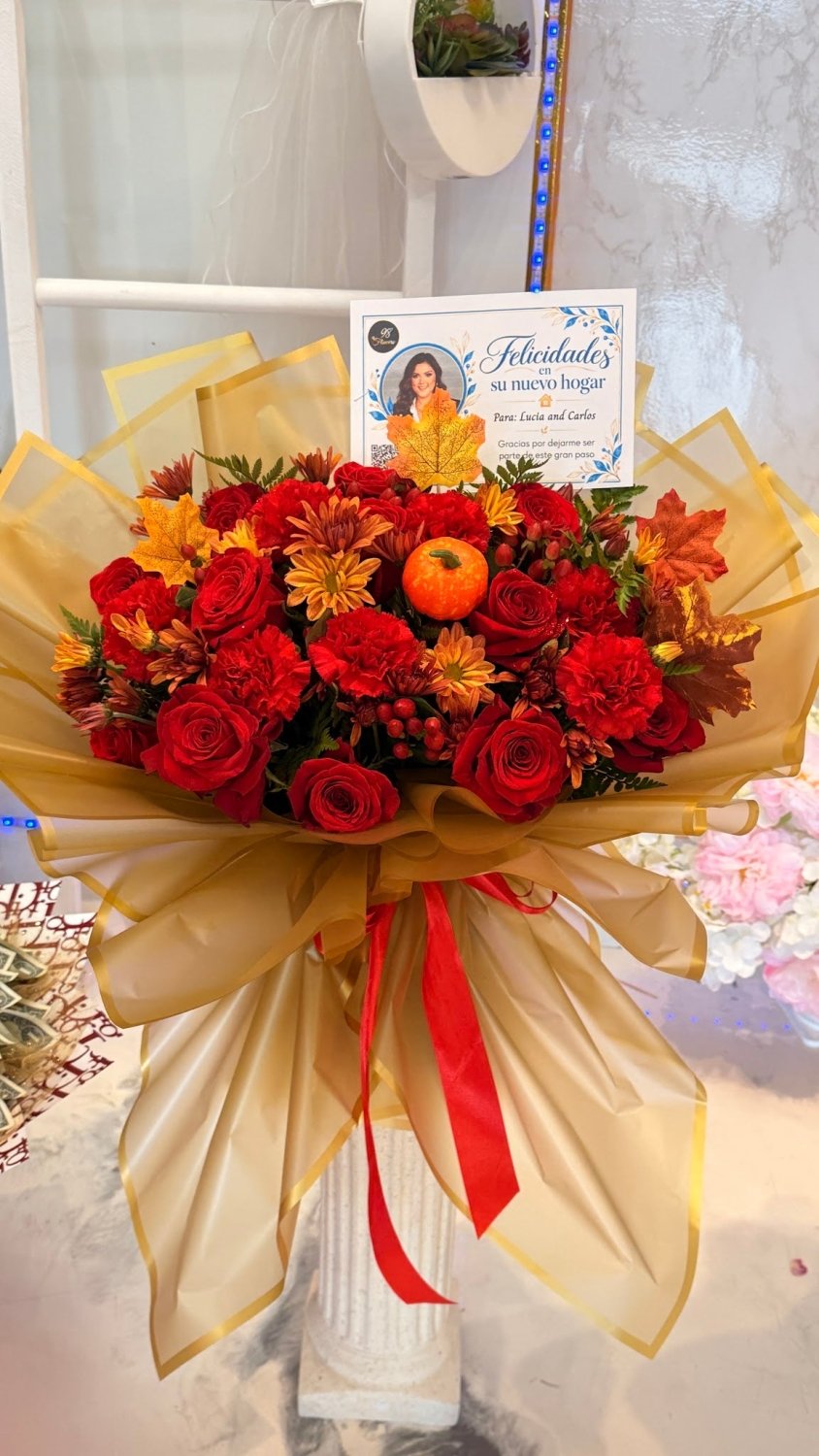 Red Rose & Golden Gerbera Autumn Bouquet - 98 FLOWERS