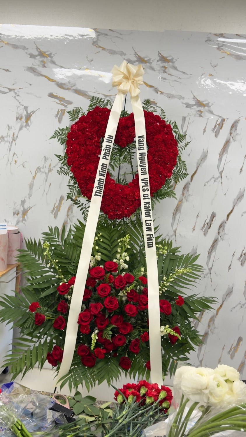 Red Rose Heart Two Tier Memorial Standing Arrangement - 98 FLOWERS