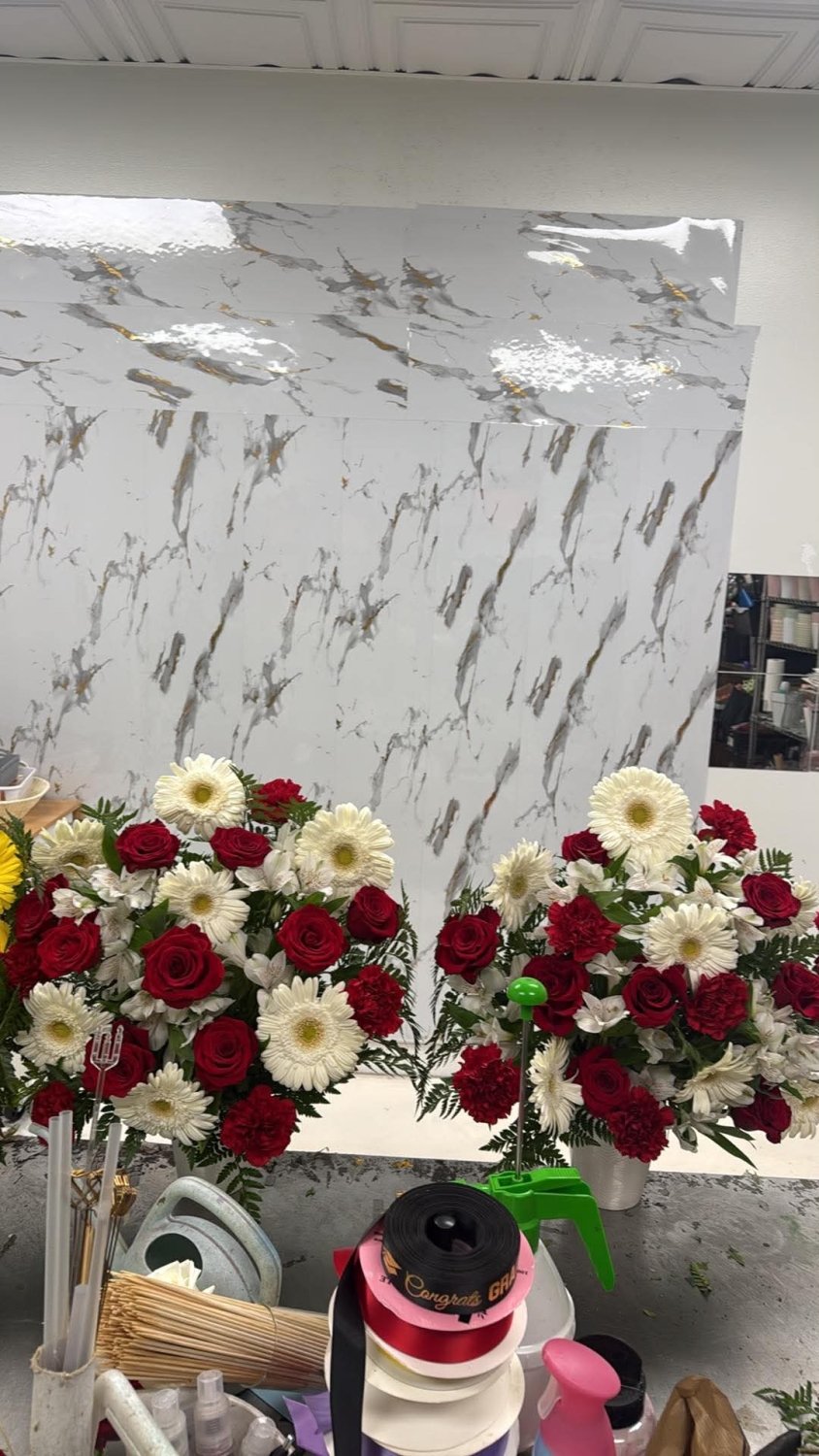 Red & White Rose Gerbera Memorial Arrangement Pair - 98 FLOWERS