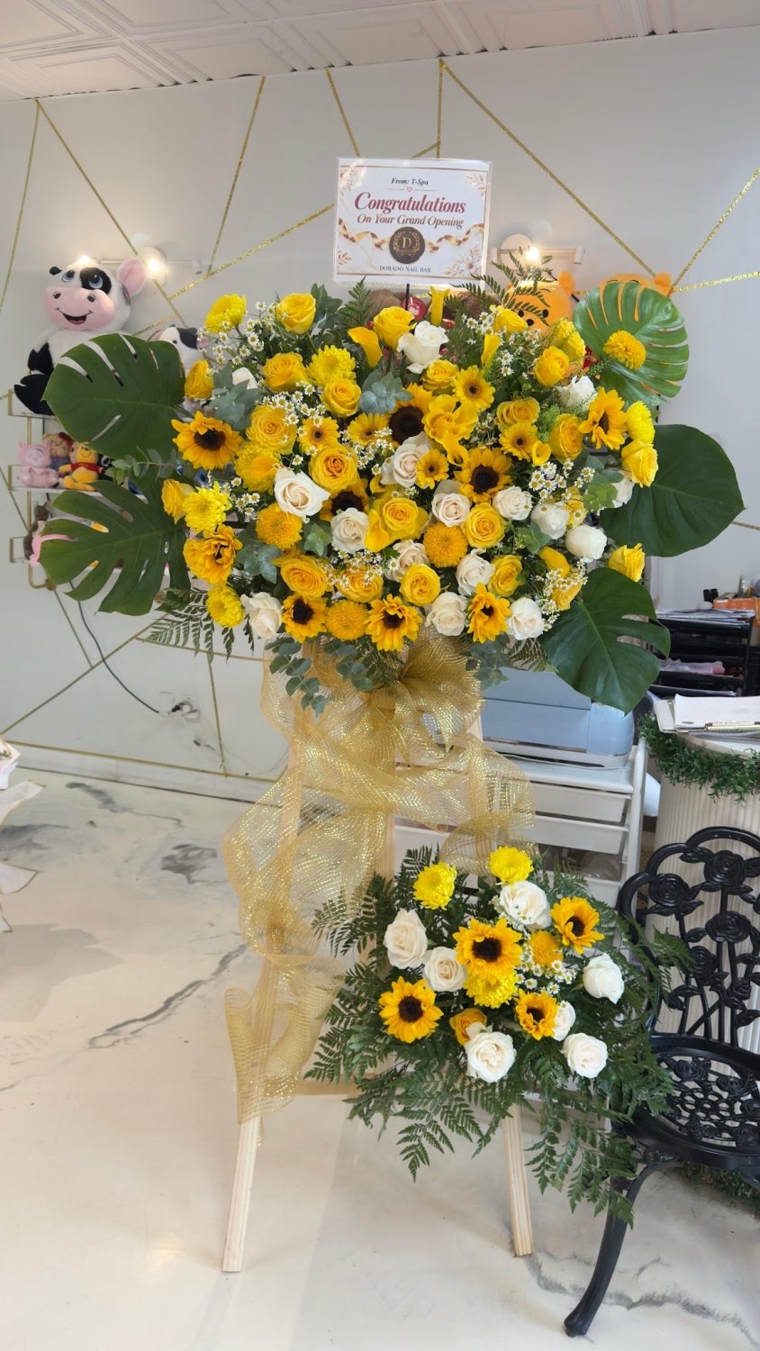 Sunflower Yellow Rose & White Daisy Two Tier Stand - 98 FLOWERS
