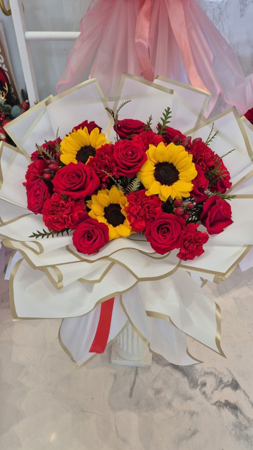 Sunshine & Crimson Rose Bouquet - 98 FLOWERS