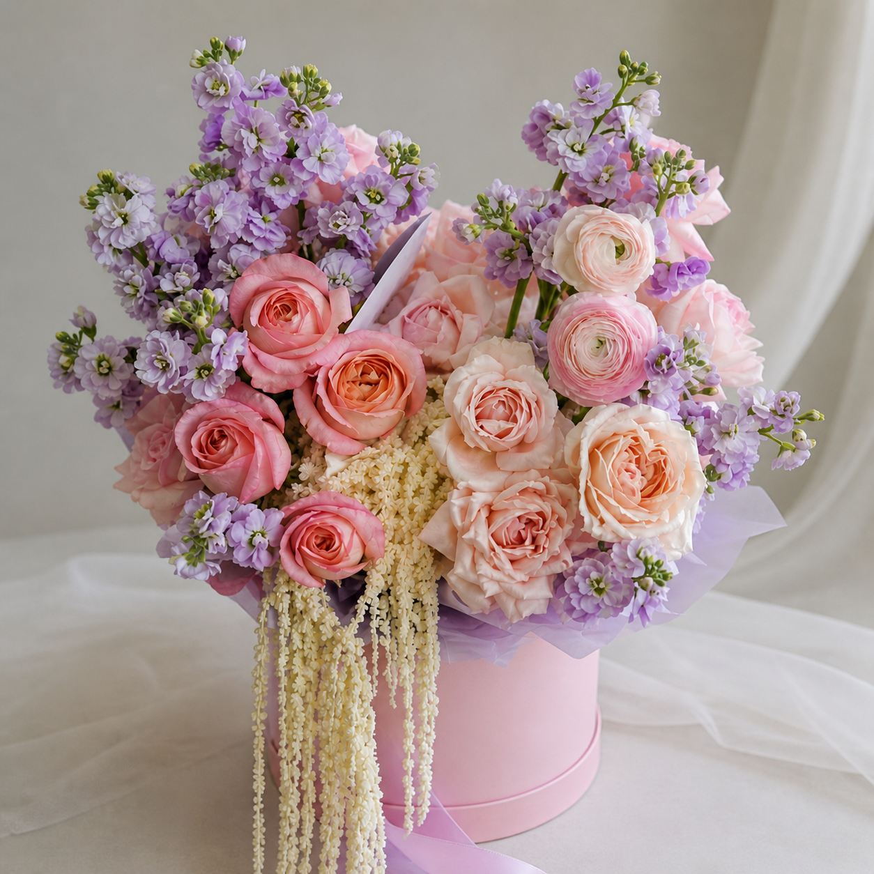 Blush and peach roses with lavender blooms in a round pink flower box