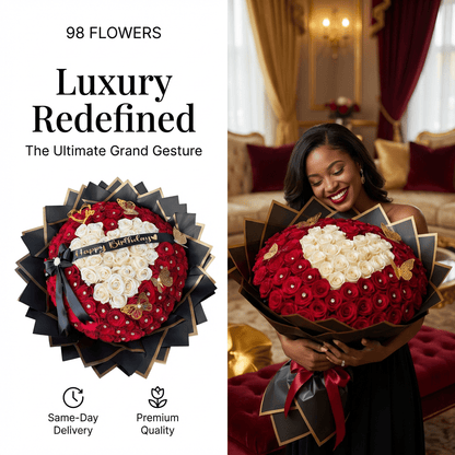 100 Premium Red Roses with White Rose Heart Centerpiece - 98 FLOWERS