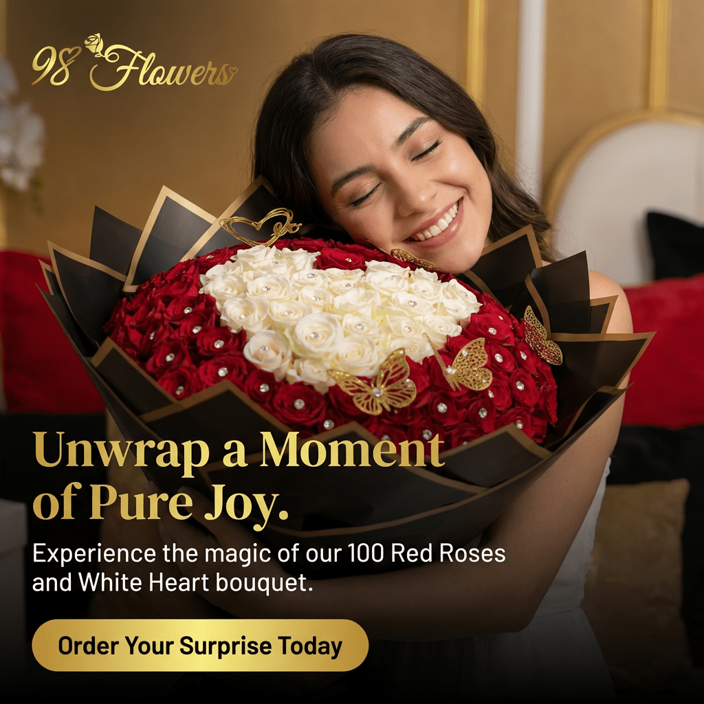 100 Premium Red Roses with White Rose Heart Centerpiece - 98 FLOWERS