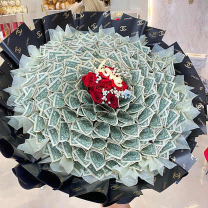 98 Money Flower - Anniversary - Medium Size ($50 Cash Inside + $100 Labor), RED ROSE _ BLACK DIOR PAPER image