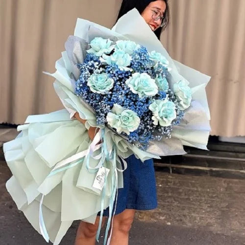 Blue Rose Bouquet Mix Blue Baby Flowers image 1