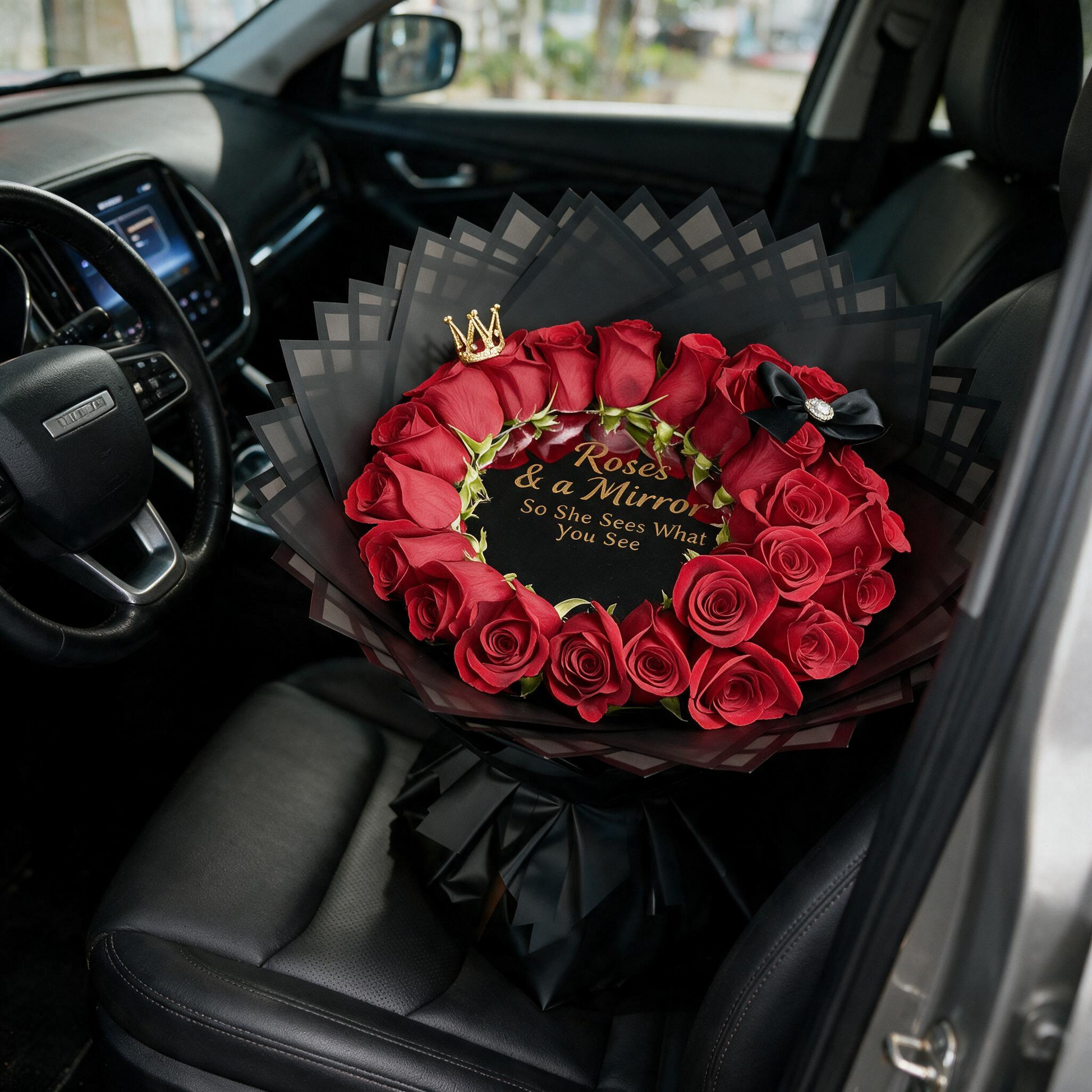 24 red roses and personalized mirror bouquet displayed on a car seat