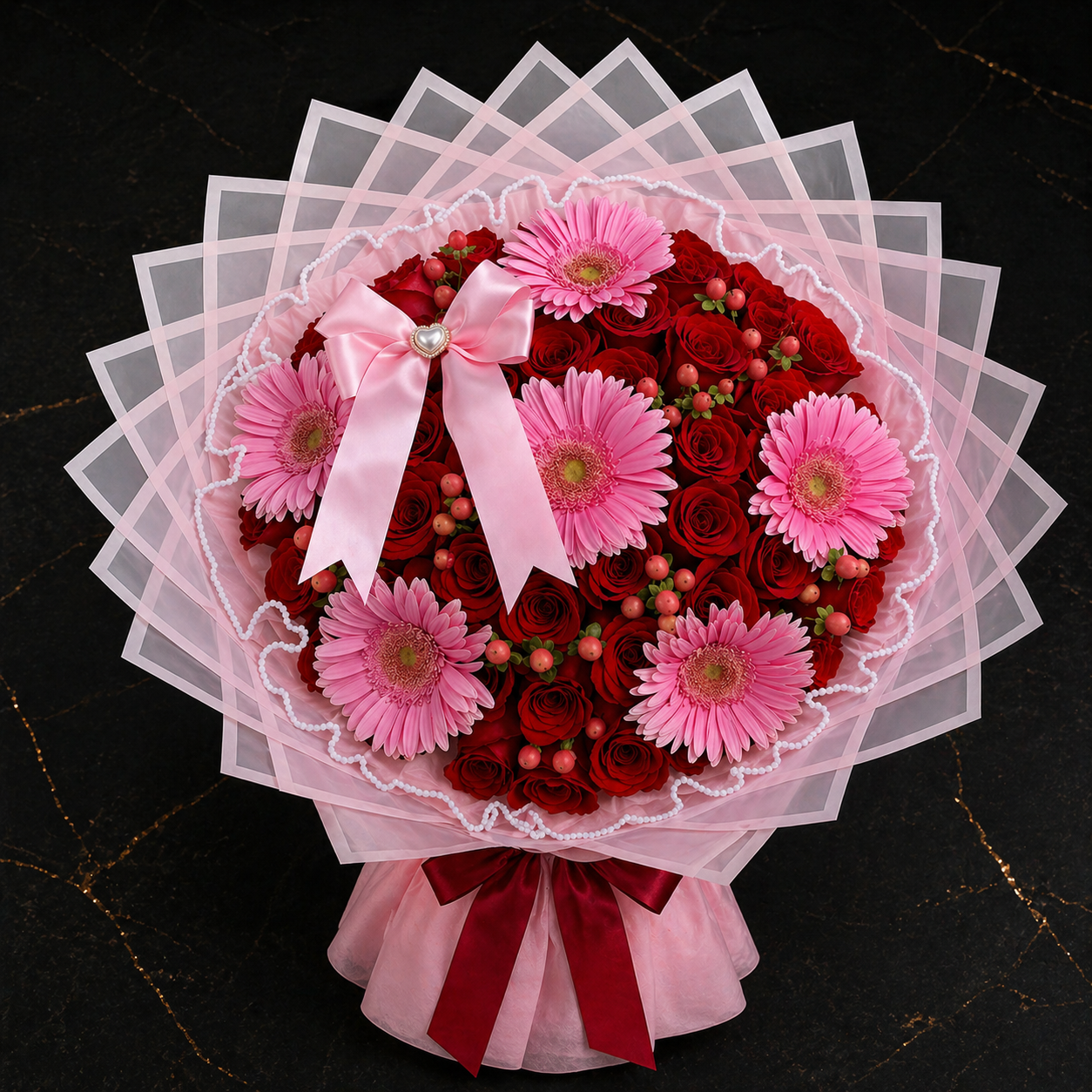 Jumbo red rose and pink gerbera bouquet with pearl accents and satin bow