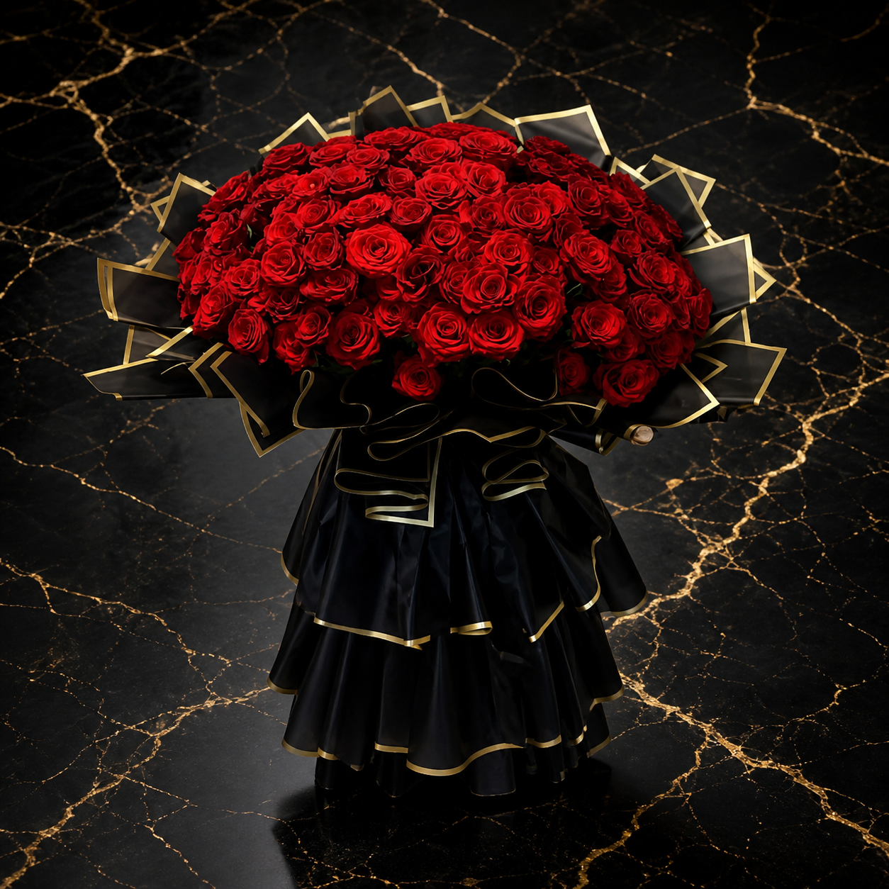 Oversized bouquet of 100 red roses in black wrapping with gold trim