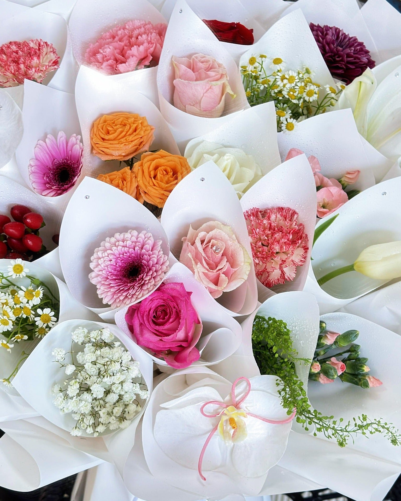 Close-up of mixed roses, gerberas, carnations, orchids, and baby's breath