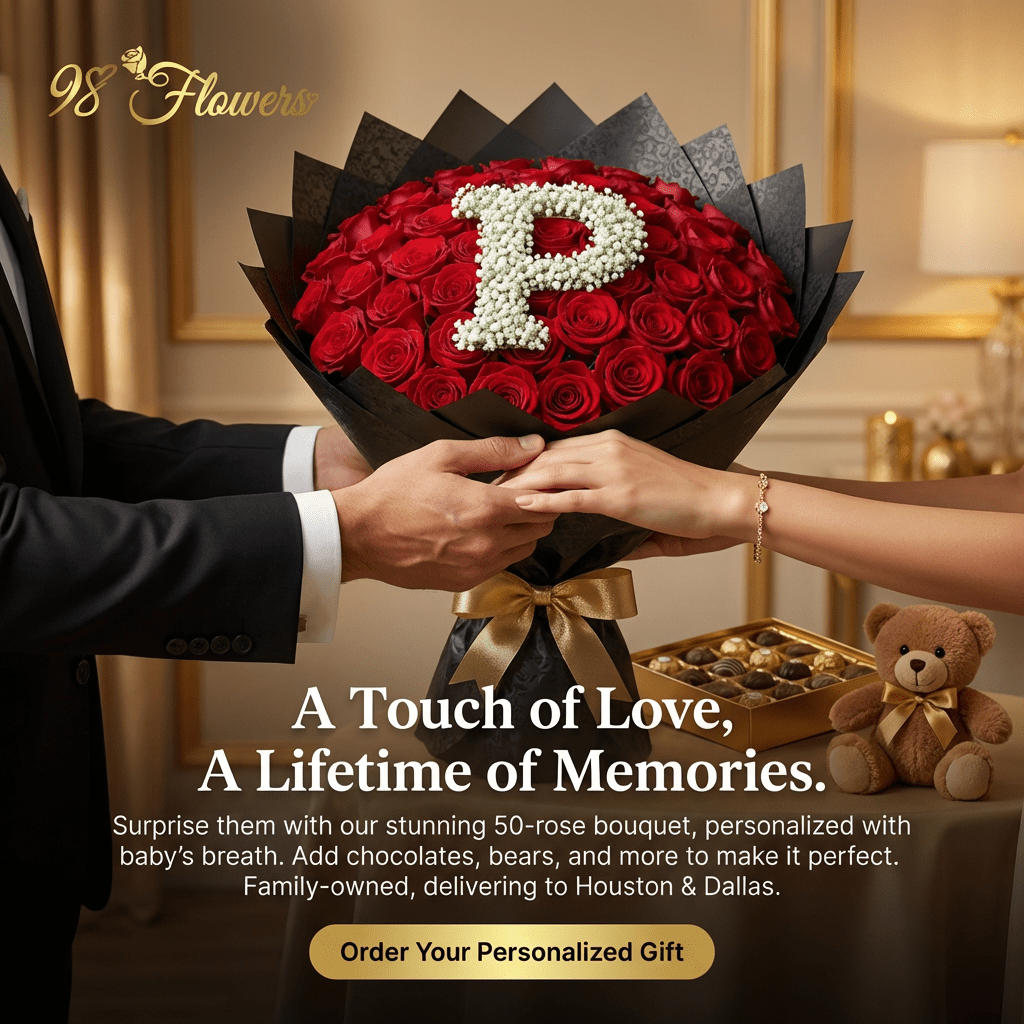 50 Premium Red Roses with Personalized Baby’s Breath Letters - 98 FLOWERS