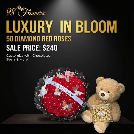 50 Red Roses Luxury Bouquet - 98 FLOWERS
