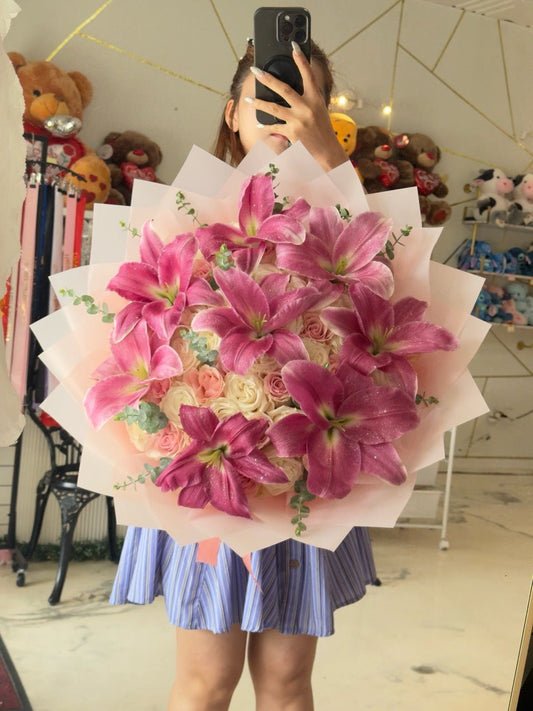 50-Rose Pink Lily Bouquet - 98 FLOWERS
