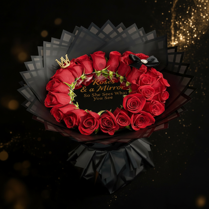 Studio view of 24 red roses surrounding a personalized mirror in black wrapping