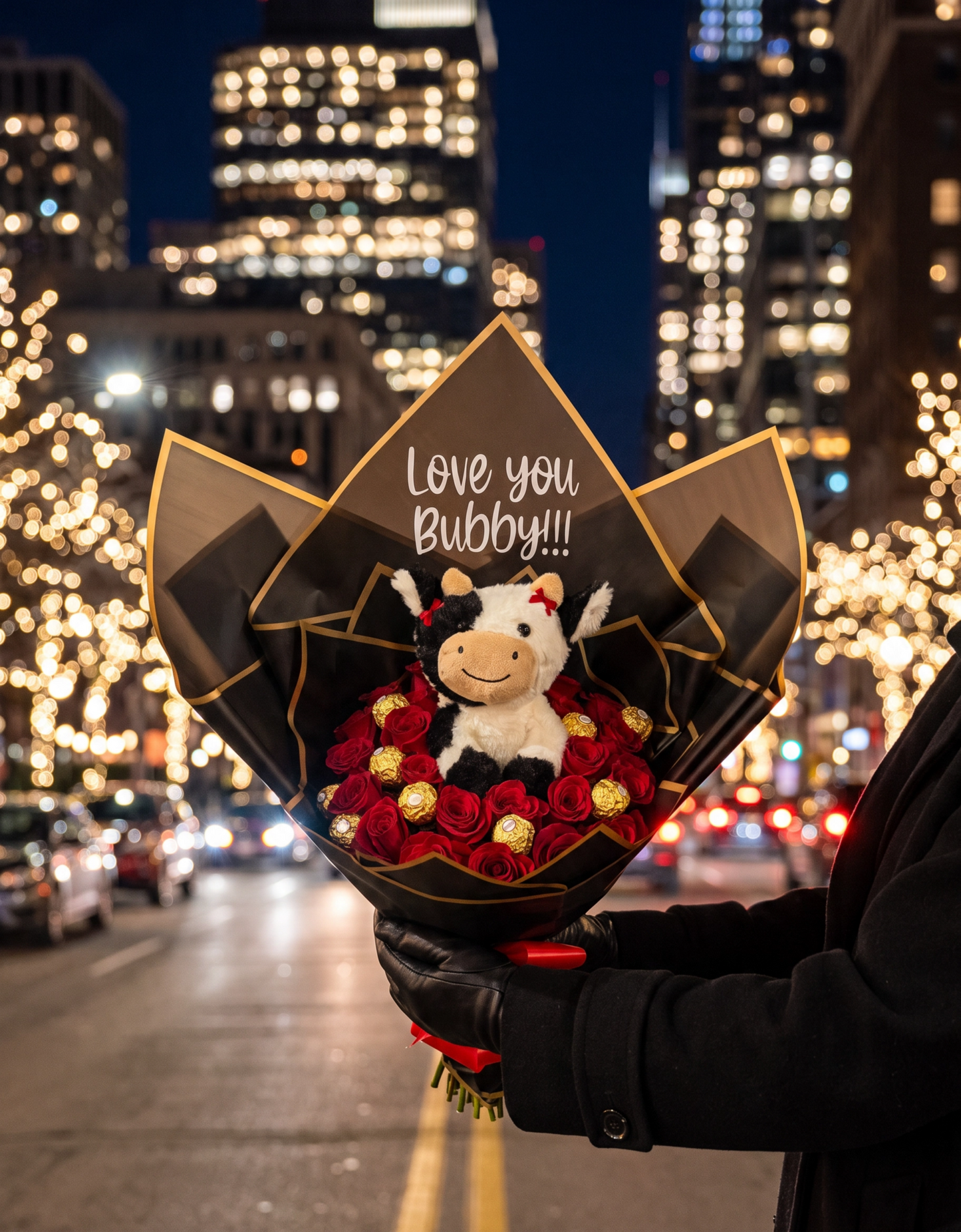24 red rose, chocolate and plush cow bouquet against city lights