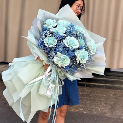 Blue Rose Bouquet Mix Blue Baby Flowers image 0