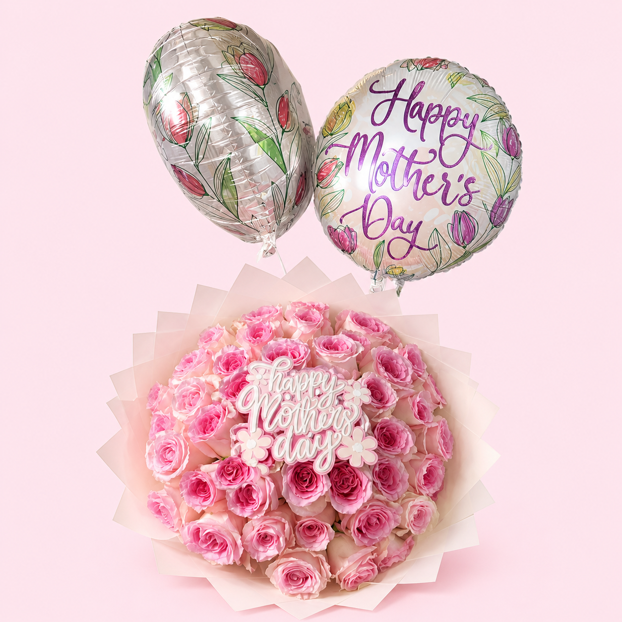 Pink rose Mother’s Day bouquet with custom centerpiece and two balloons