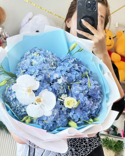 Person holding a blue hydrangea bouquet with white orchids and blue-and-white wrapping