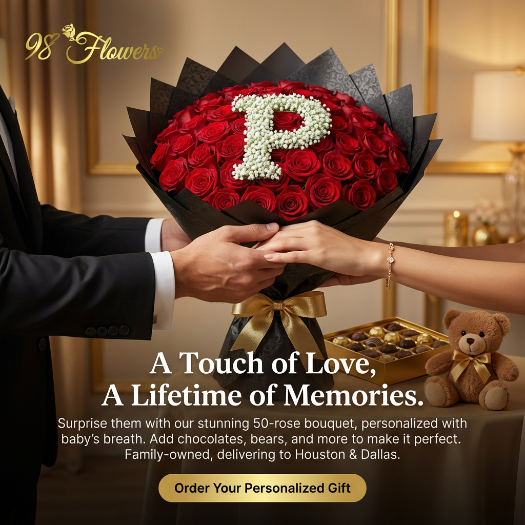 50 Premium Red Roses with Personalized Baby’s Breath Letters image 2
