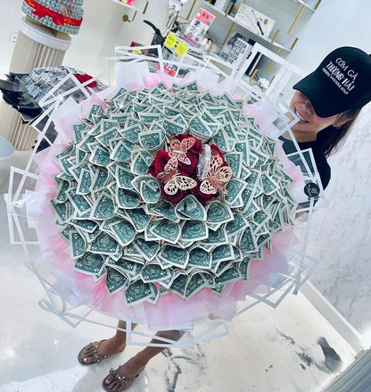 98 Money Flower - Anniversary - Medium Size ($50 Cash Inside + $100 Labor), RED ROSE _ CLEAR PAPER image