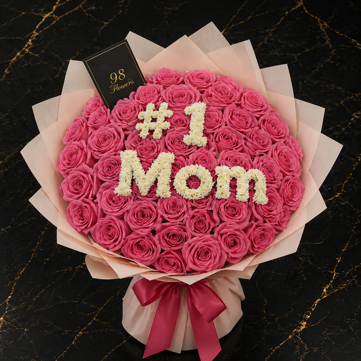 Jumbo hot pink rose bouquet with white number one Mom floral lettering