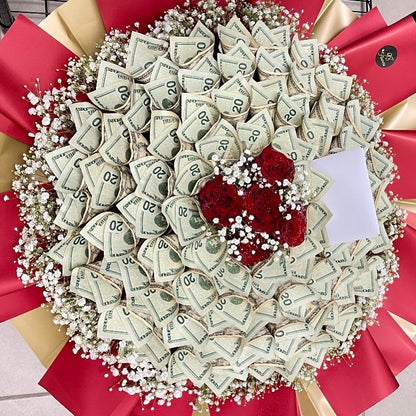 98 Money Flower - Anniversary - Medium Size ($50 Cash Inside + $100 Labor), RED ROSE _ RED_GOLD PAPER image