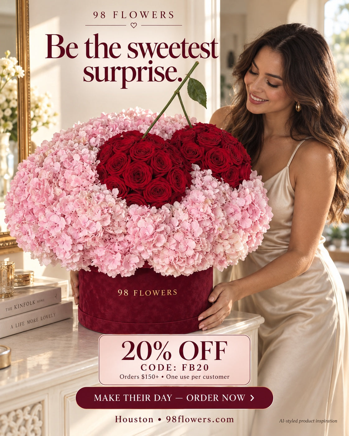 98 Flowers cherry arrangement promotion: FB20, 20% off orders $150 or more, one use per customer