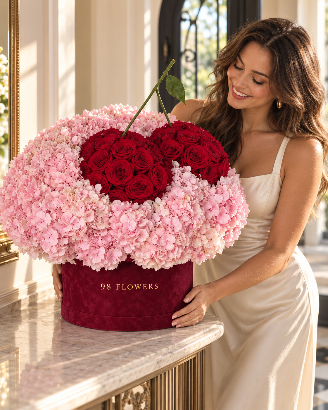 AI visualization: Cherry Kiss pink hydrangea and red rose flower box – gift view