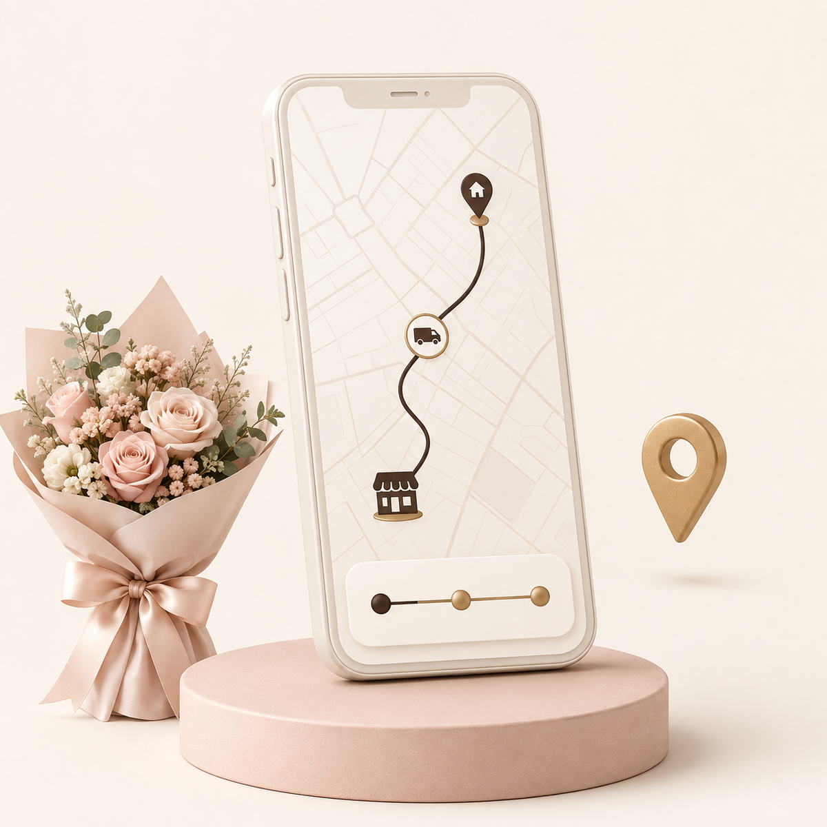 Illustration of a phone showing a flower delivery route between a shop and a home