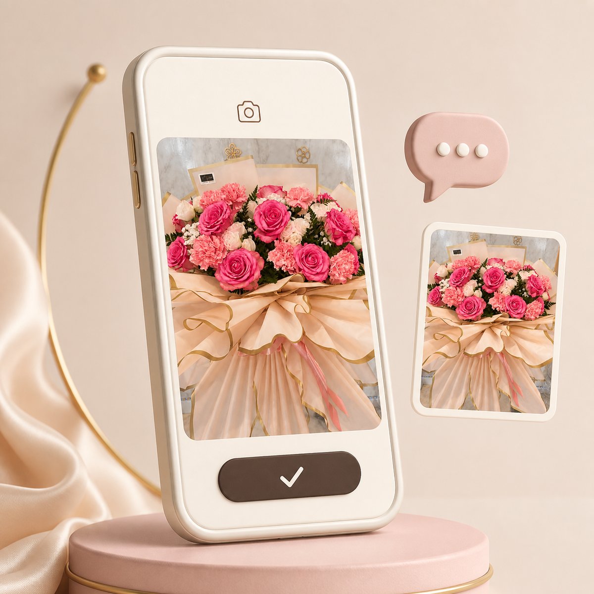 Illustration of a phone showing a bouquet photo and approval checkmark