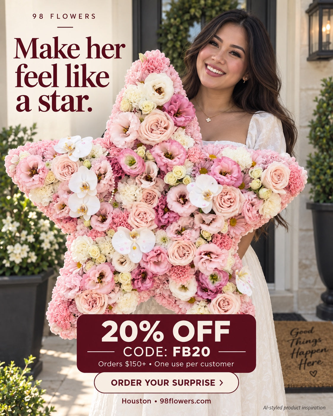 98 Flowers star arrangement promotion: FB20, 20% off orders $150 or more, one use per customer