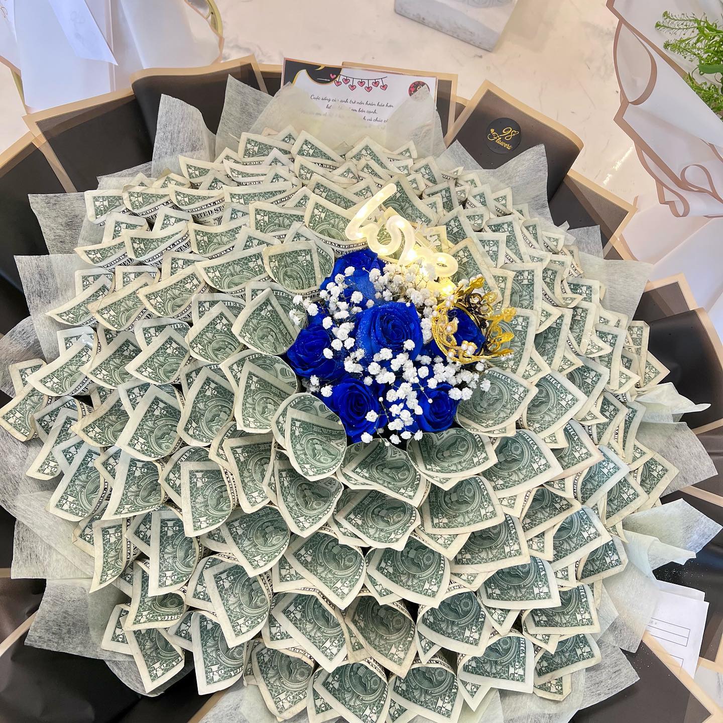 98 Money Flower - Anniversary - Big Size ($100 Cash Inside + $180 Labor), BLUE ROSE _ BLACK PAPER image