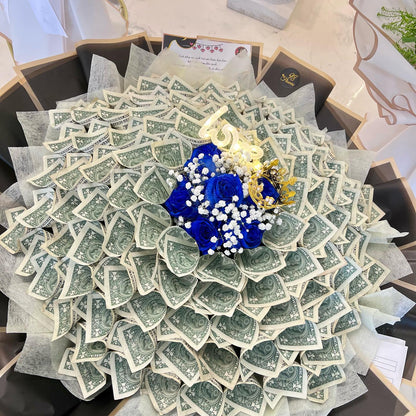 98 Money Flower - Anniversary - Big Size ($100 Cash Inside + $180 Labor), BLUE ROSE _ BLACK PAPER image