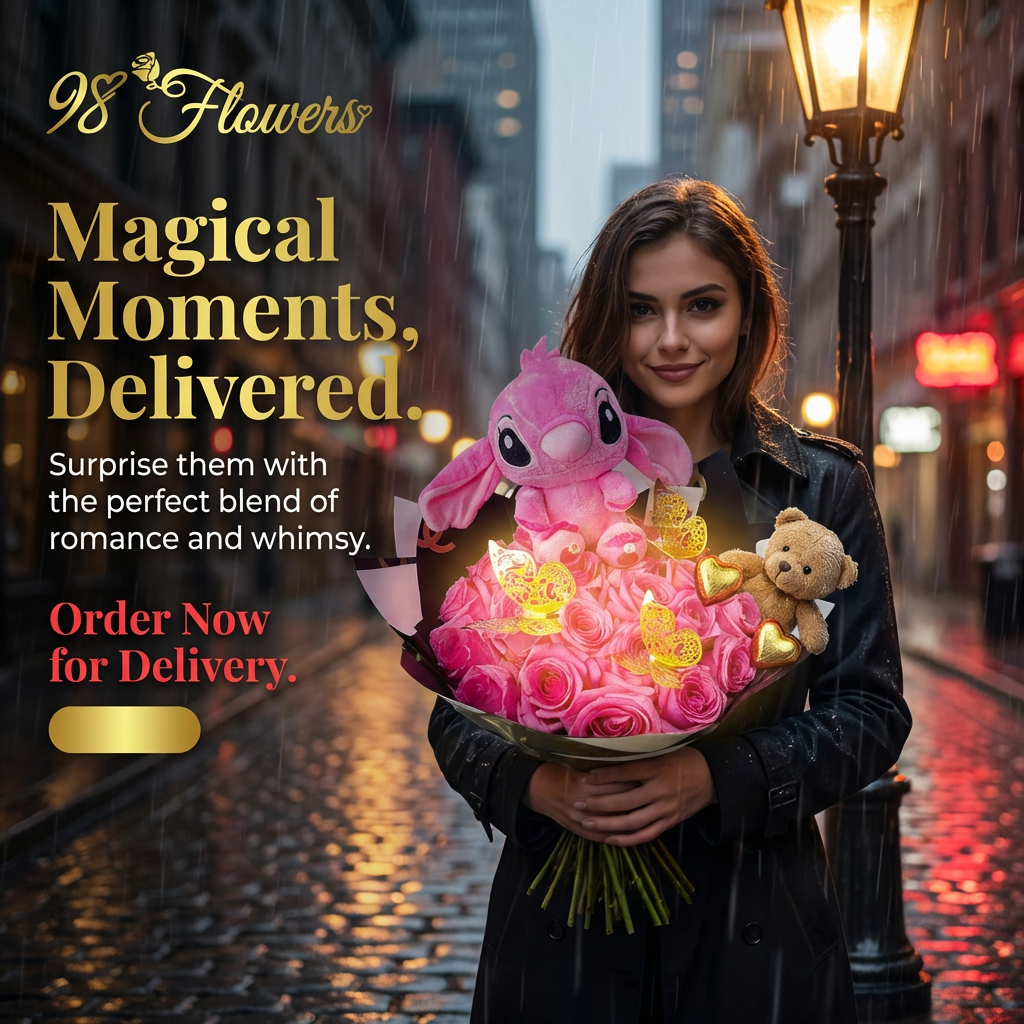 Hot Pink Roses with Stich & Golden Butterflies image 1