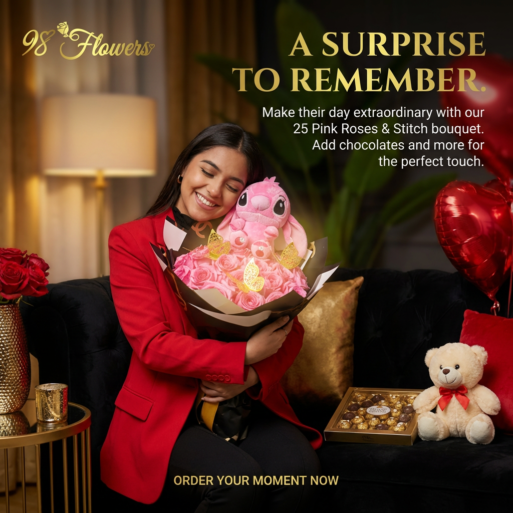 Hot Pink Roses with Stich & Golden Butterflies image 3