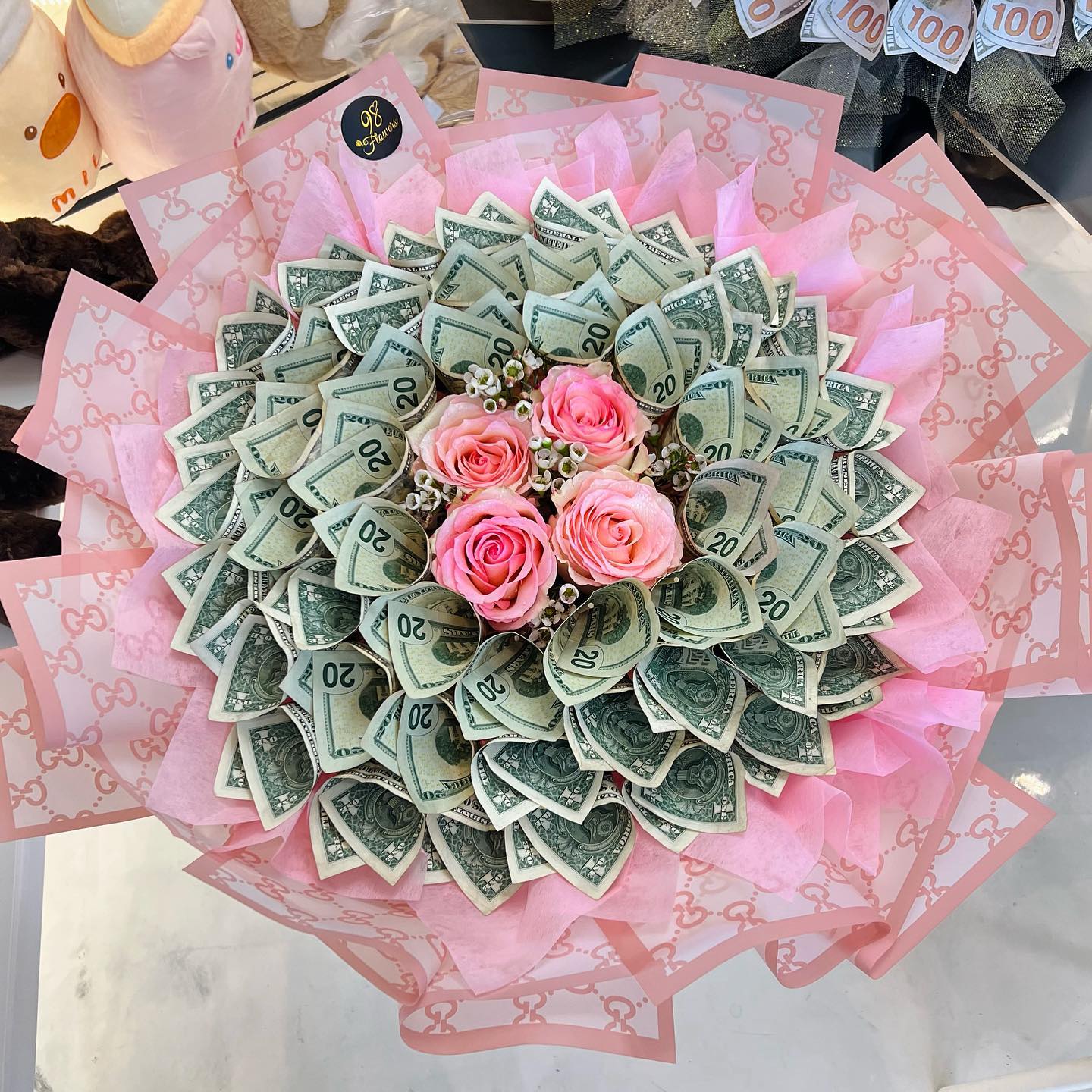 98 Money Flower - Anniversary - Big Size ($100 Cash Inside + $180 Labor), PINK ROSE _ PINK DIOR PAPER image