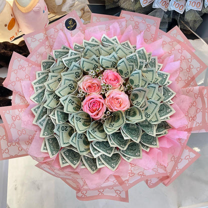 98 Money Flower - Anniversary - Big Size ($100 Cash Inside + $180 Labor), PINK ROSE _ PINK DIOR PAPER image