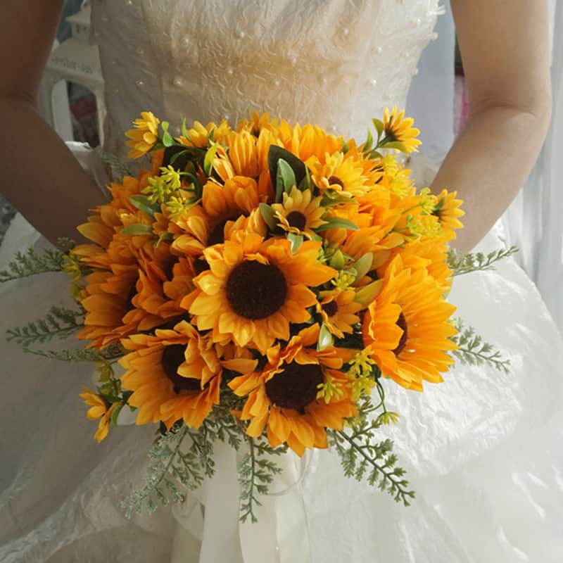 Golden sunflower bridal bouquet with yellow blooms and greenery, handcrafted by 98 Flowers in Houston
