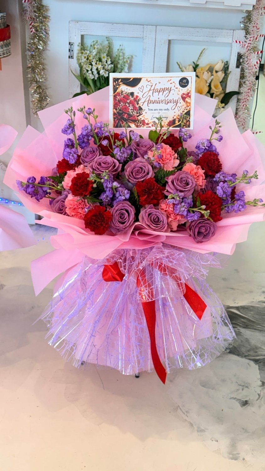 Amethyst Rose Carnation & Stock Anniversary Bouquet - 98 FLOWERS