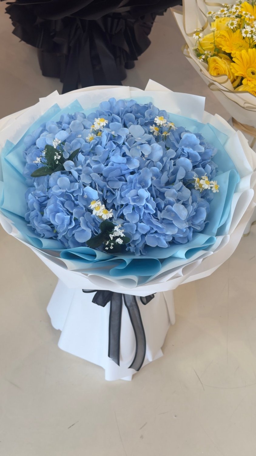 Artificial Blue Hydrangea & White Orchid Bouquet - 98 FLOWERS