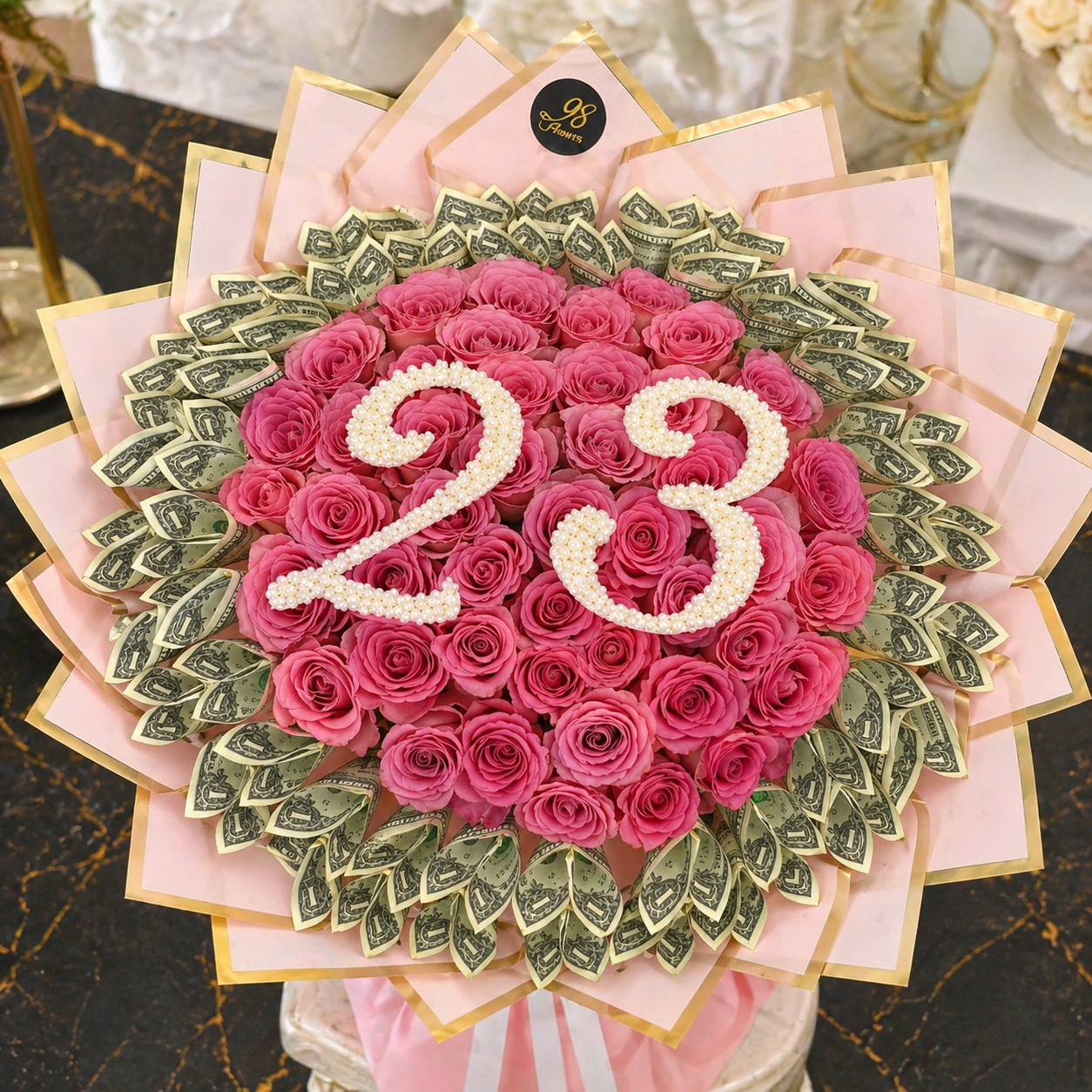 Custom age 23 money bouquet with pink roses and pearl numbers