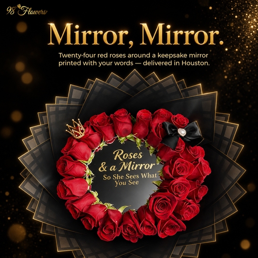 Promotional image of 24 red roses arranged around a personalized keepsake mirror